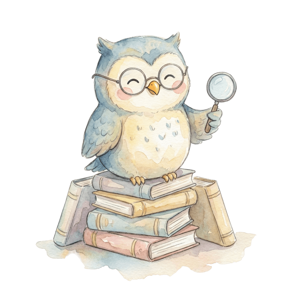 A friendly owl character wearing glasses, sitting on a stack of books, holding a magnifying glass, cute kawaii style, pastel colors